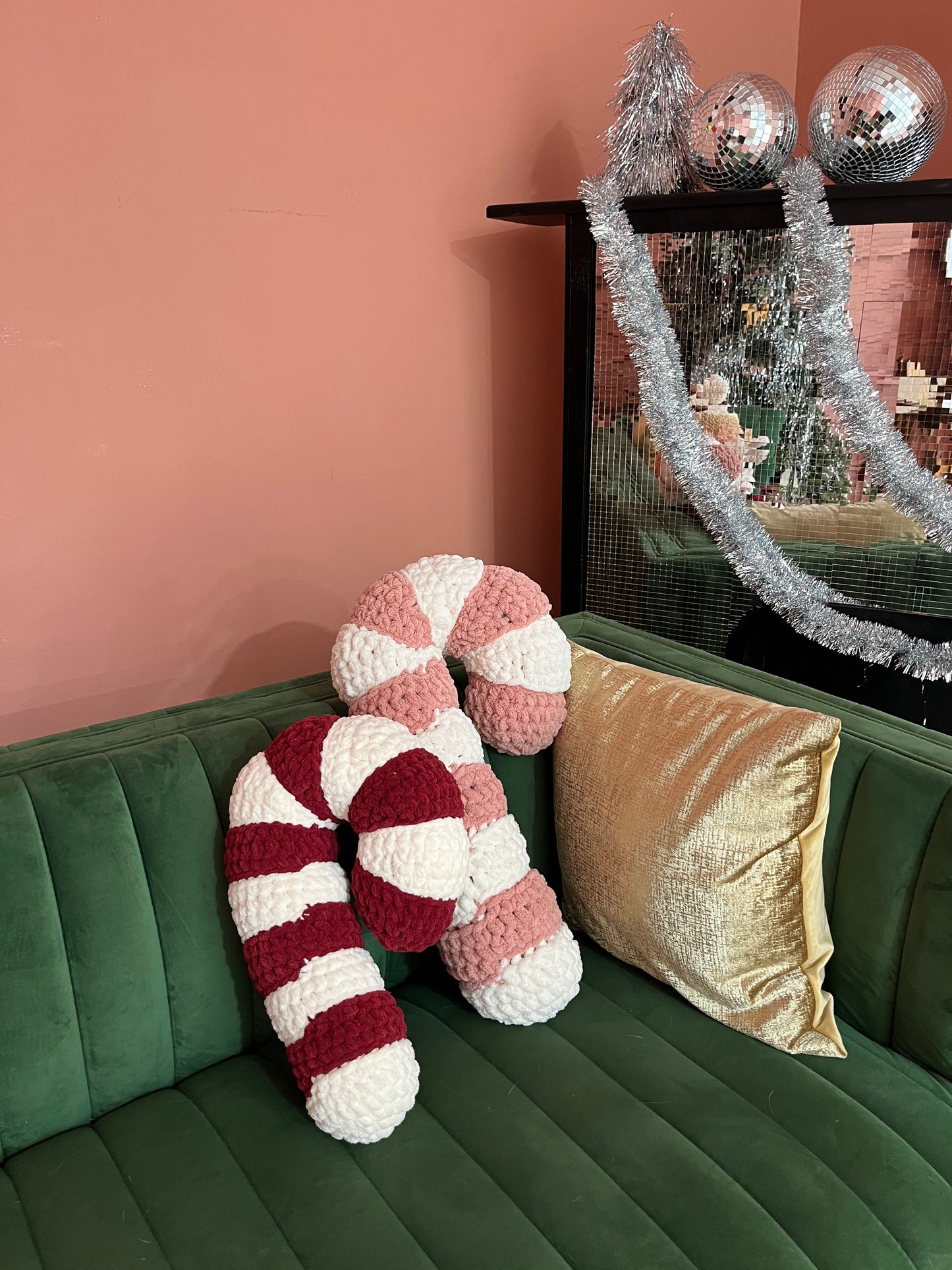 Candy Cane Crochet Pillow | Handmade crochet Christmas accent pillow