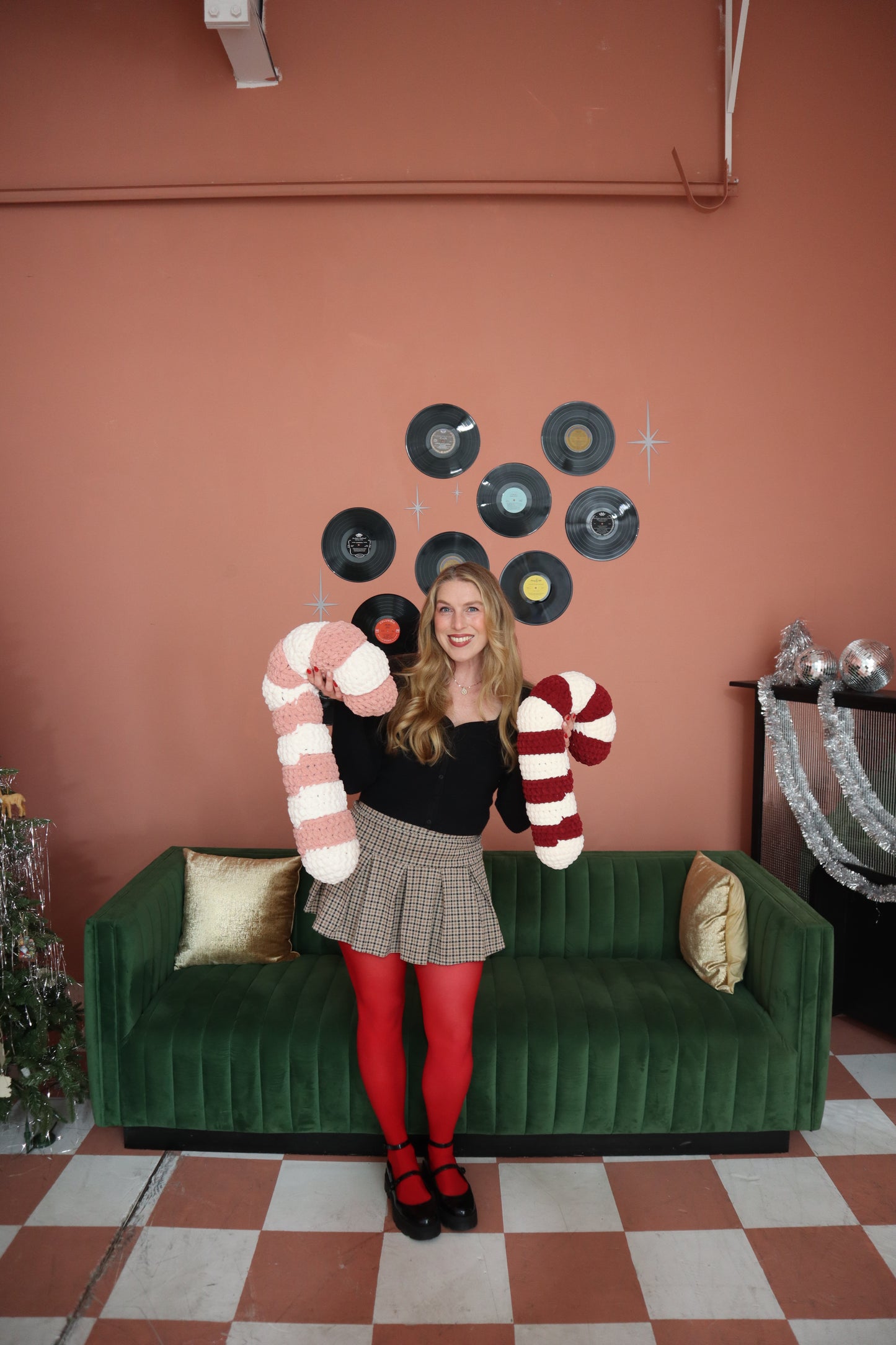 Candy Cane Crochet Pillow | Handmade crochet Christmas accent pillow